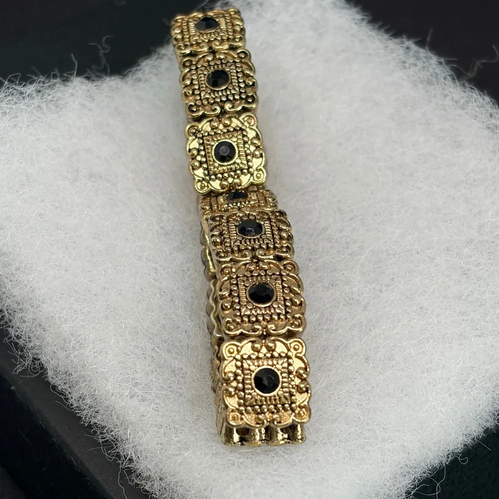TWO Vintage Gold Tone Black Rhinestone Filigree Panel Stretch Bracelets Art Deco